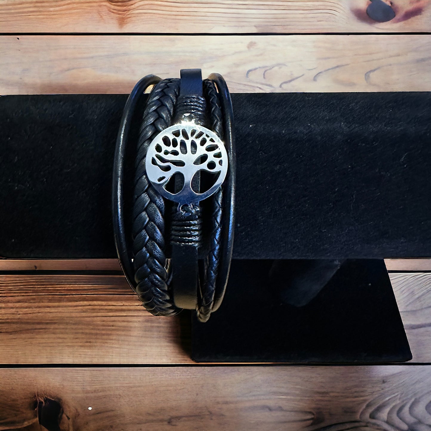 schwarzes Lederarmband Lebensbaum silber