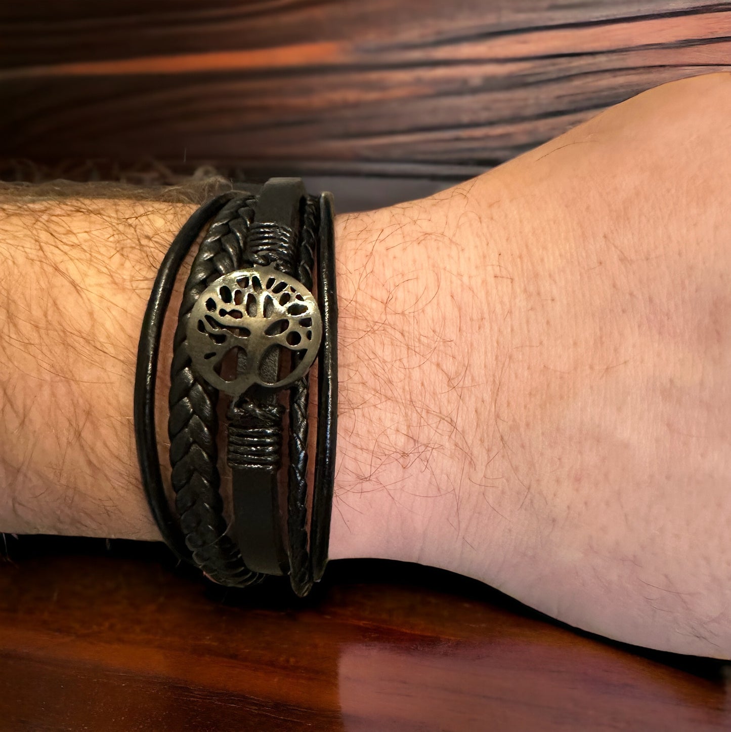 schwarzes Lederarmband Lebensbaum schwarz