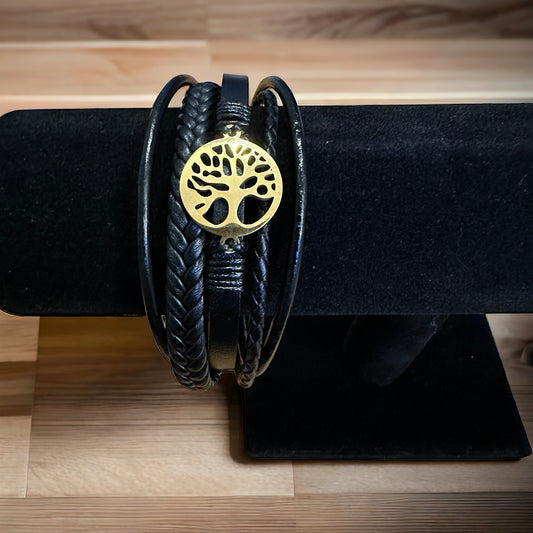 black leather bracelet tree of life gold