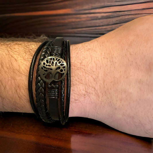 bracelet cuir noir arbre de vie noir